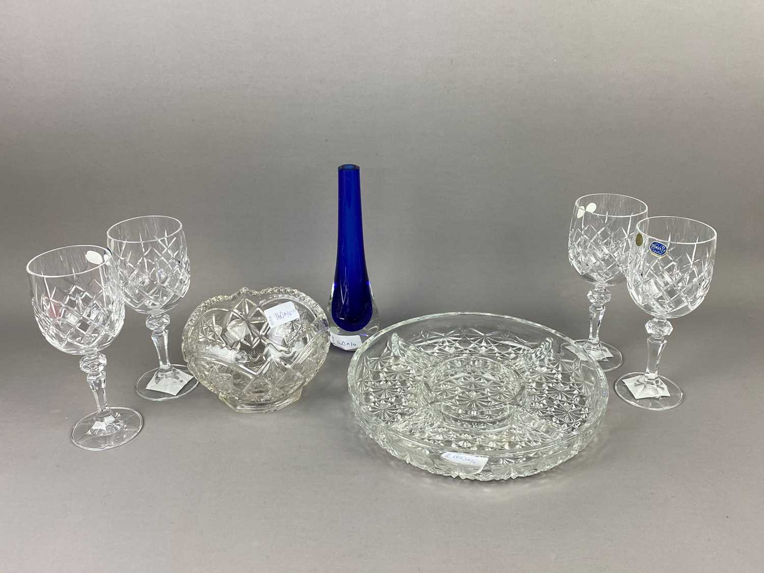 Lot 160 - A SET OF SIX BOHEMIA CRYSTAL GLASSES, A CRYSTAL BOWL AND A HORS D'OEUVRES DISH