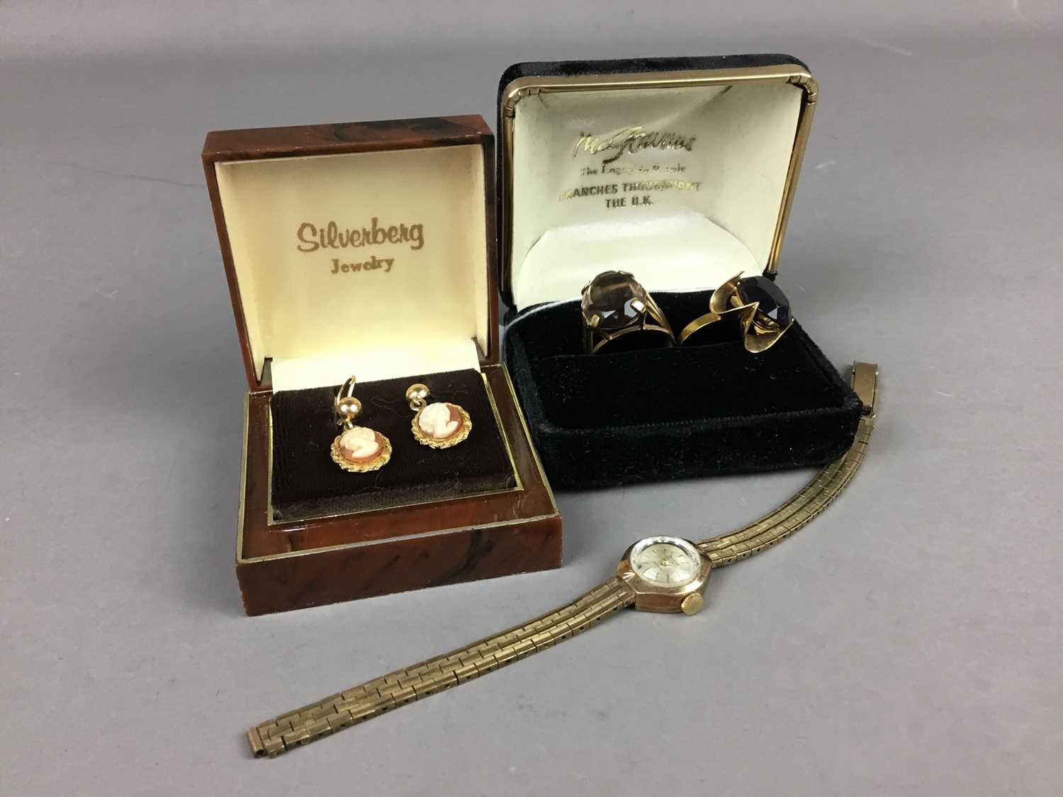 Lot 40 - A LOT OF TWO NINE CARAT GOLD RINGS, LADY'S BENTIMA WRIST WATCH AND PAIR OF CAMEO EARRINGS