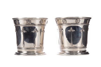 Lot 406 - A PAIR OF SILVER PLATED VASES OF ARTS & CRAFTS DESIGN
