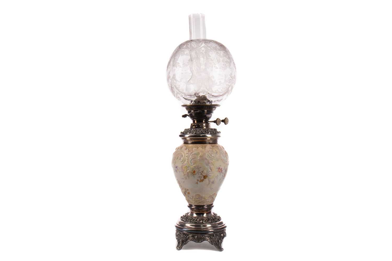 Lot 1310 - A VICTORIAN SILVER PLATE AND PORCELAIN OIL LAMP