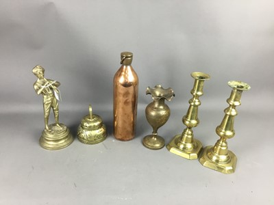 Lot 569 - A PAIR OF BRASS CANDLESTICKS AND OTHERS