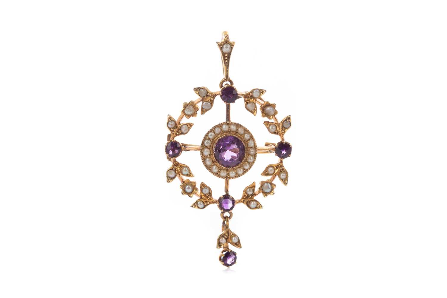 Lot 352 - AMETHYST AND SEED PEARL PENDANT