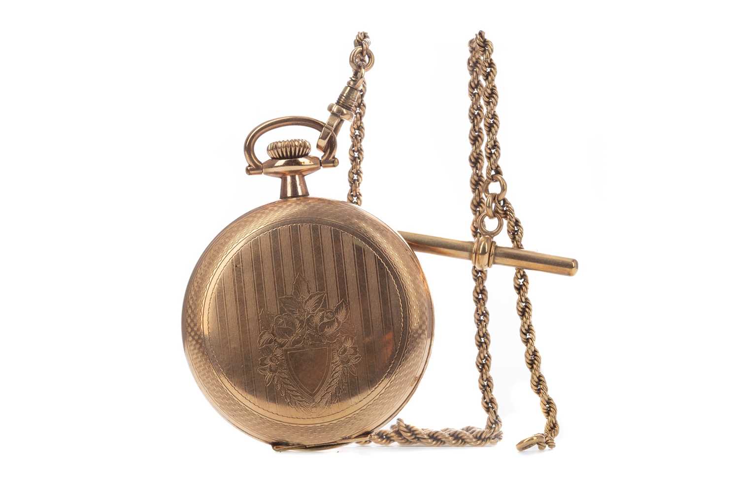 Lot 723 - A GOLD PLATED ELGIN POCKET WATCH AND A GOLD WATCH CHAIN