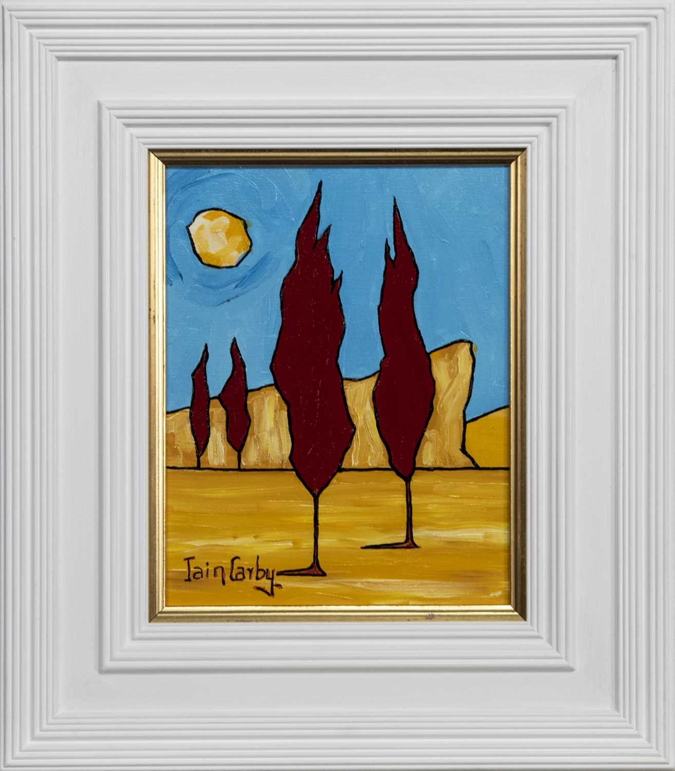 Lot 657 - RED TREES IN PAIRS AND THE MOON, AN OIL BY IAIN CARBY