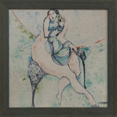 Lot 715 - SEATED FEMALE FIGURE WITH CROSSED LEGS, A PAINTED CERAMIC TILE BY LORRAINE FERNIE