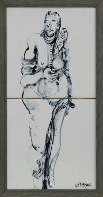 Lot 408 - FEMALE FIGURE IN BLACK, A CERAMIC TILE BY LORRAINE FERNIE