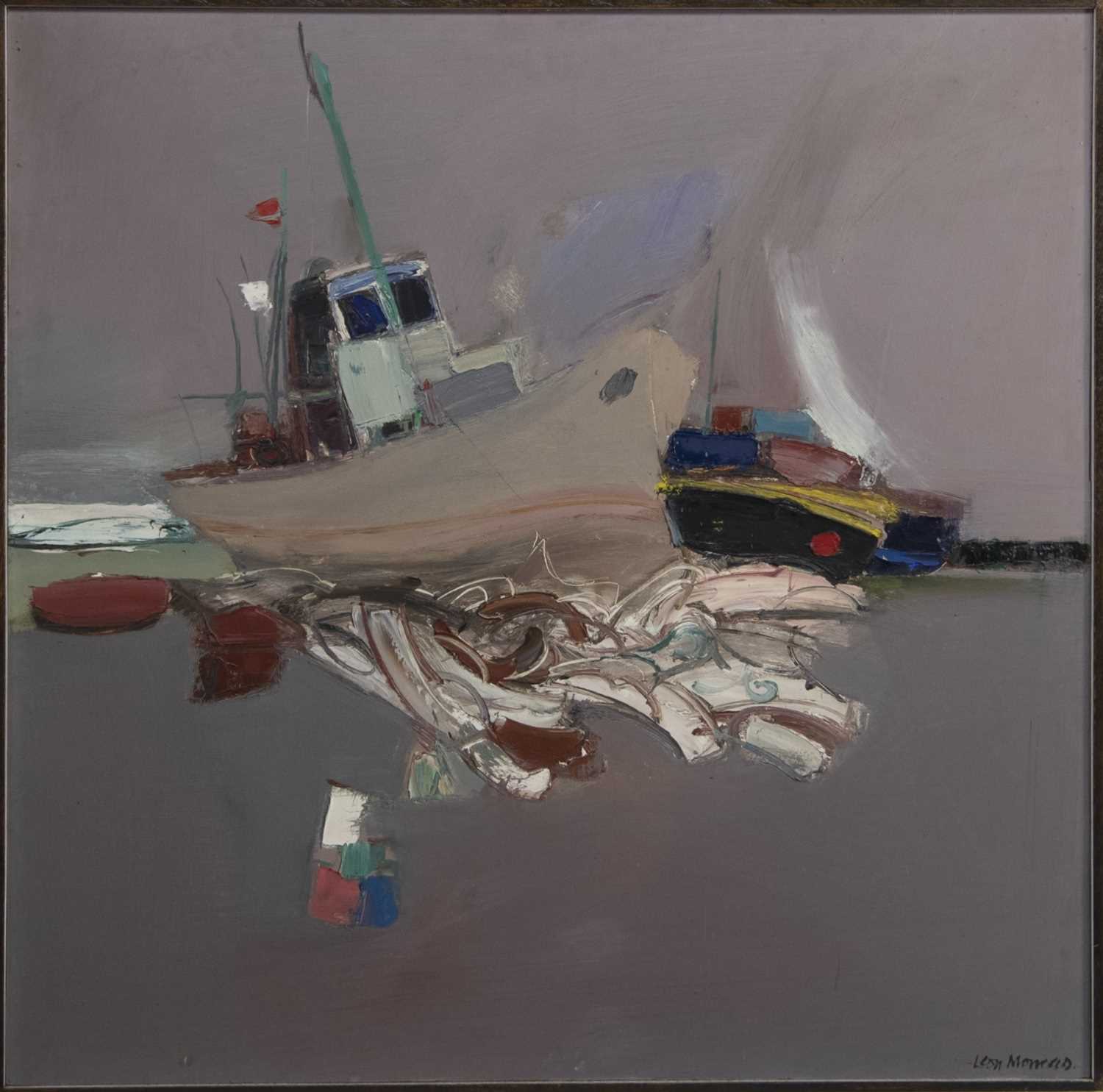 Lot 749 - FISHING BOATS, AN OIL BY LEON MORROCCO
