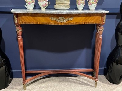 Lot 8 - A FRENCH MARBLE TOPPED KINGWOOD CONSOLE TABLE