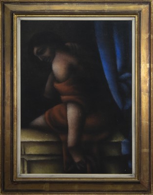 Lot 765 - WOMAN WITH CURTAIN, A PASTEL BY ZEV ROBINSON