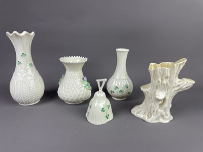 Lot 211 - A BELLEEK THISTLE VASE, THREE FURTHER BELLEEK VASES AND A BELL