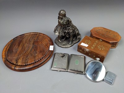 Lot 217 - A LOT OF TWO INLAID BOXES ALONG WITH A WOODEN TRAY AND OTHER ITEMS