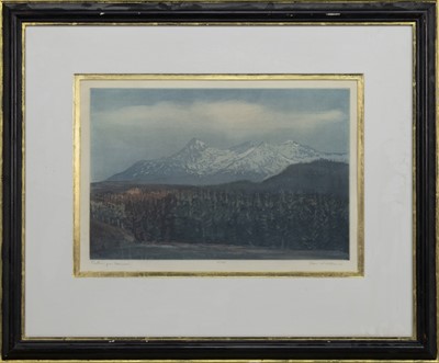 Lot 769 - CUILLINS FROM PEINMORE, A COLOURED ETCHING BY TOM MACKENZIE