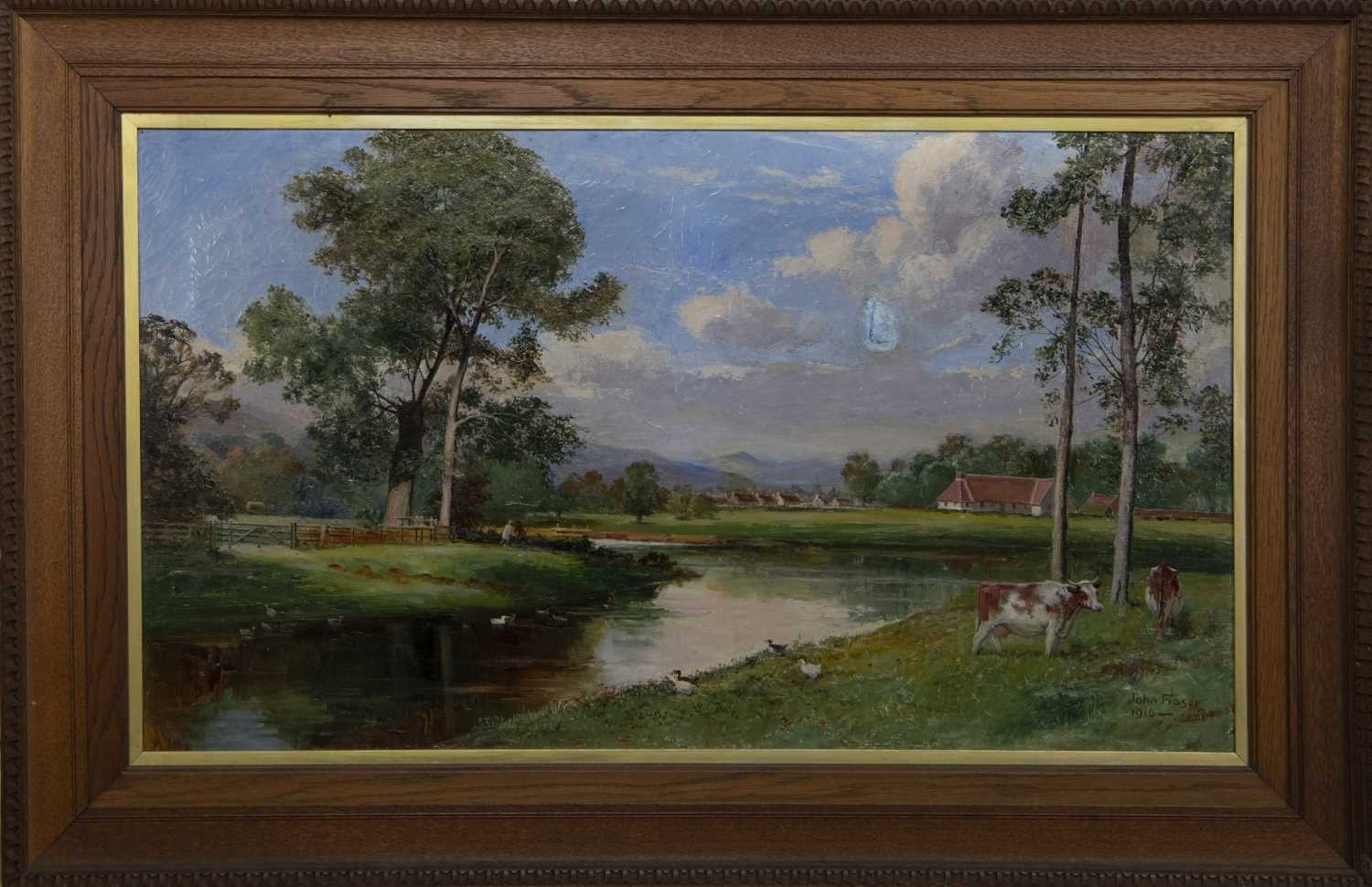 Lot 459 - CATTLE ON THE BURN, A LARGE OIL BY JOHN FRASER