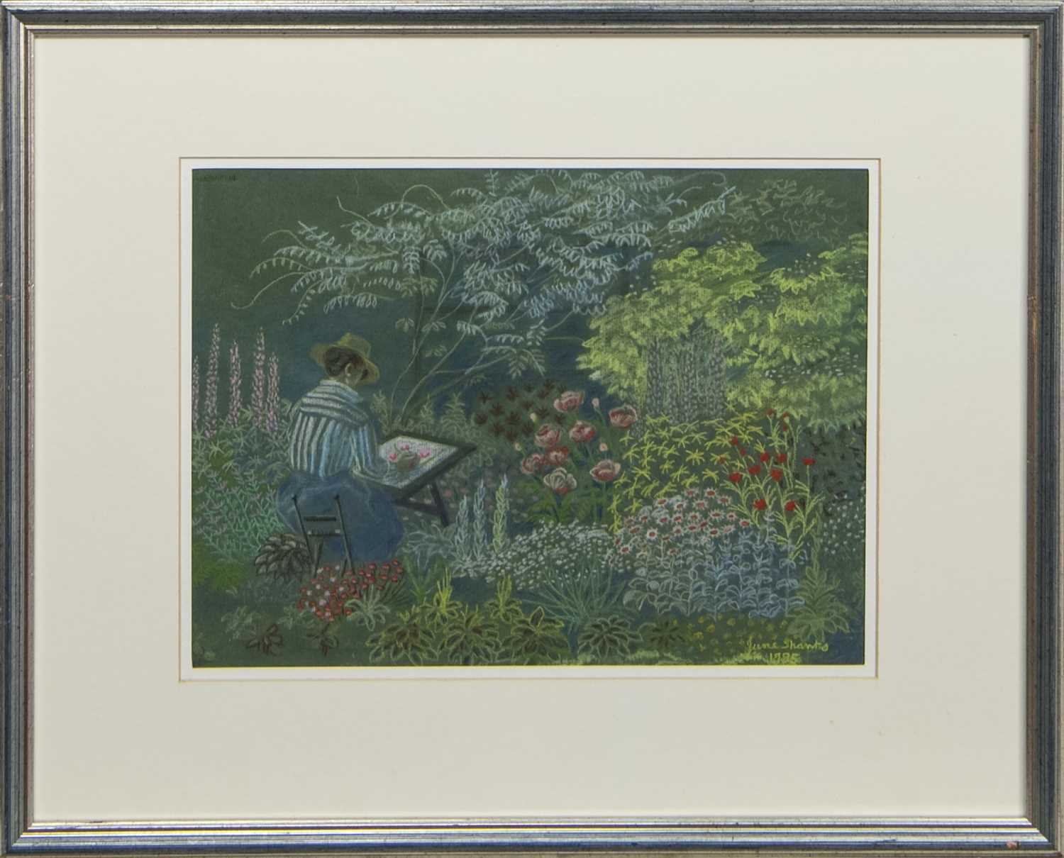 Lot 462 - SKETCHING IN THE GARDEN, A PASTEL BY JUNE SHANKS