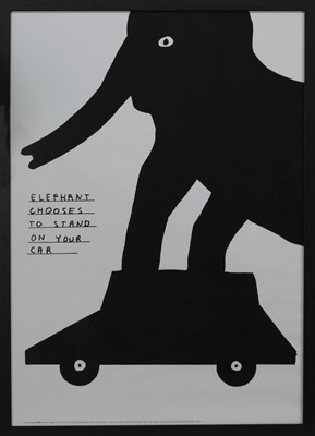 Lot 693 - ELEPHANT CHOOSES TO STAND ON YOUR CAR, A LITHOGRAPH BY DAVID SHRIGLEY