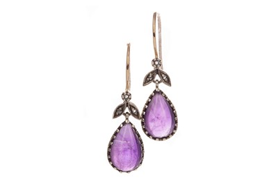 Lot 378 - A PAIR OF AMETHYST AND DIAMOND EARRINGS