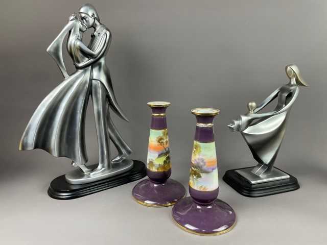 Lot 92 - A PAIR OF NORITAKE CANDLESTICKS, VASES, CANDLESTICK AND FIGURES