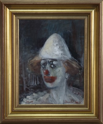 Lot 840 - THOUGHTFUL CLOWN, AN OIL BY DONALD SINCLAIR SWAN