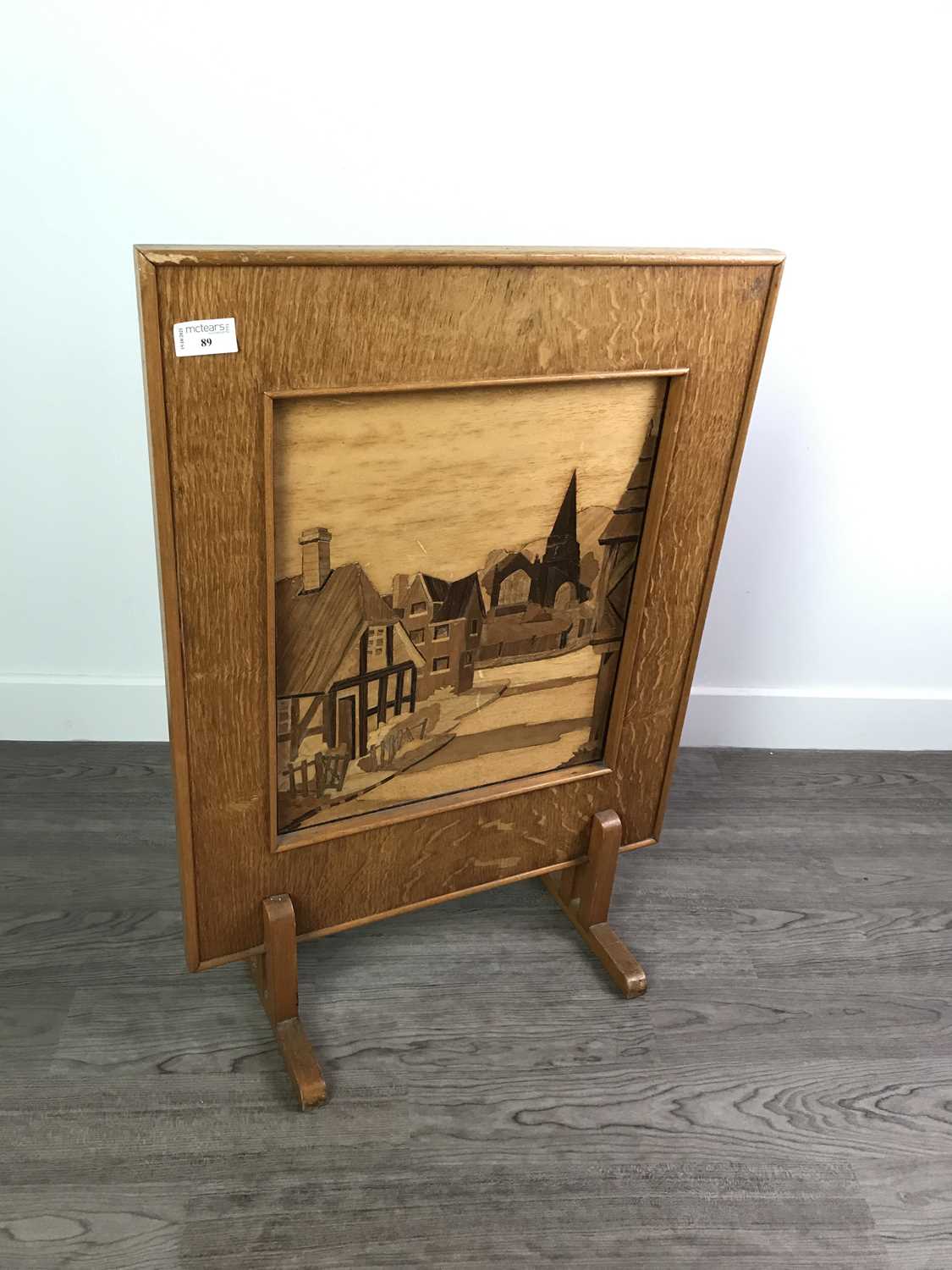 Lot 89 - A MARQUETRY FIRE SCREEN ALONG WITH A SERVING TRAY