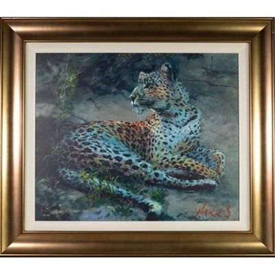 Lot 681 - LEOPARD RECLINING AT DUSK, A CANVAS PRINT BY ROLF HARRIS
