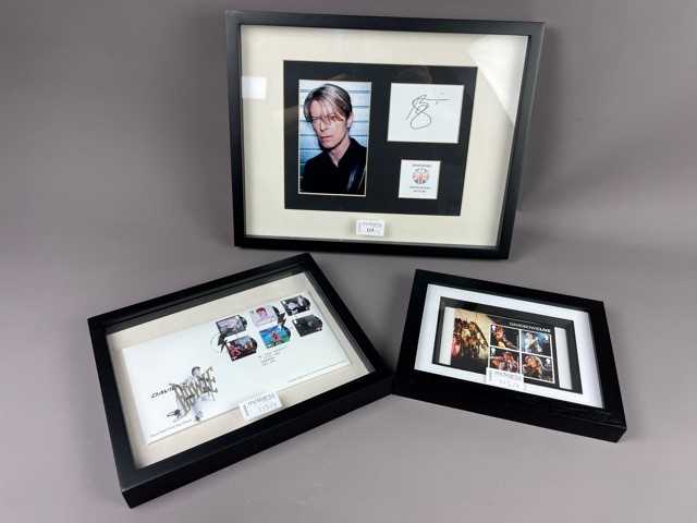 Lot 115 - A FRAMED DAVID BOWIE ROYAL MAIL FIRST DAY COVER, ALONG WITH OTHER FRAMED DAVID BOWIE MEMORABILIA