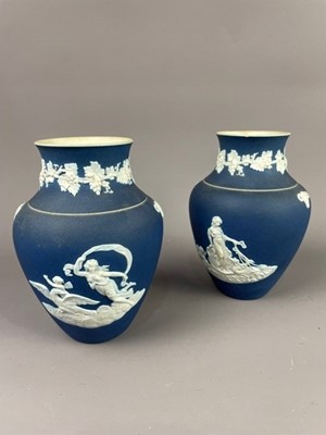 Lot 51 - A PAIR OF ADAMS JASPER WARE BLUE AND WHITE VASES