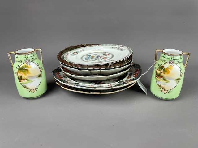 Lot 124 - A PAIR OF NORITAKE TWIN HANDLED VASES ALONG WITH OTHER ASIAN CIRCULAR PLATES
