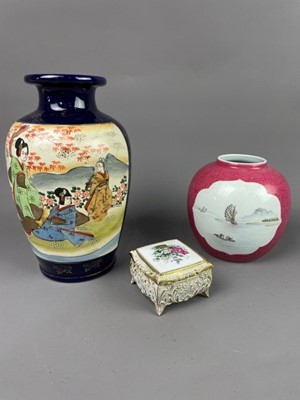 Lot 14 - A CHINESE GINGER JAR, JAPANESE SATSUMA VASE AND A TRINKET BOX