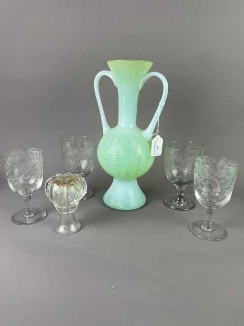 Lot 15 - A VICTORIAN VASELINE GLASS VASE, ANOTHER VASE AND FOUR GLASSES