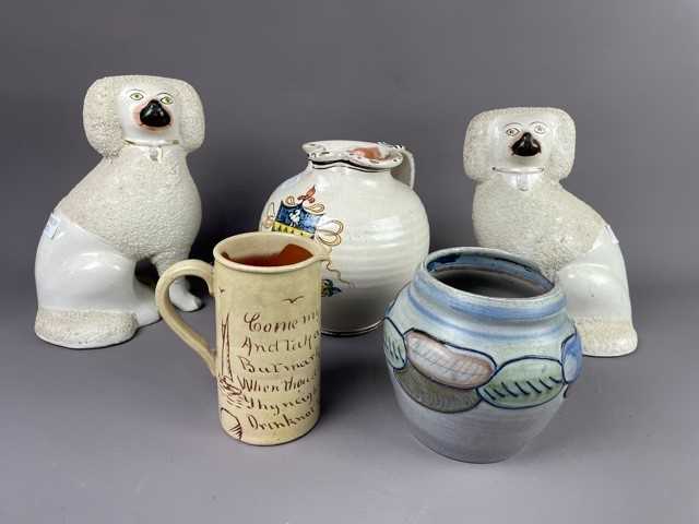 Lot 30 - A PAIR OF STAFFORDSHIRE DOGS, A SUSIE COOPER VASE AND TWO JUGS