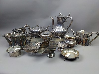 Lot 58 - A VICTORIAN SILVER PLATED FOUR PIECE TEA AND COFFEE SERVICE ALONG WITH OTHER PLATE