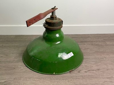 Lot 714 - A GREEN ENAMELLED METAL PENDANT LIGHT FITTING