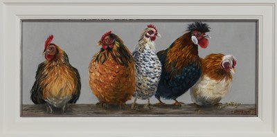 Lot 832 - 5 HENS-A-CLUCKING, AN OIL BY LYNNE JOHNSTONE