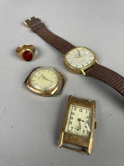 Lot 20 - A NINE CARAT GOLD SIGNET RING AND THREE WATCHES