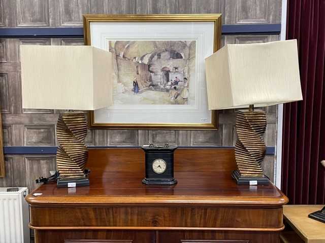 Lot 55 - A PAIR OF TABLE LAMPS BY COACH HOUSE FURNITURE AND A MANTEL CLOCK