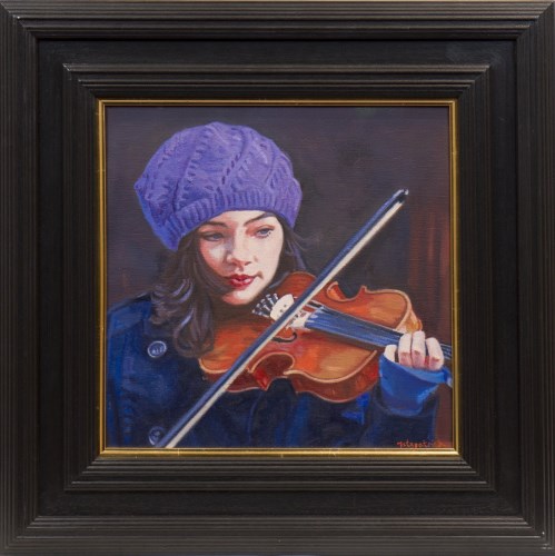 Lot 99 - ANDREW FITZPATRICK, THE LITTLE BUSKER oil on...