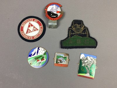 Lot 230 - FOUR ENAMEL AUTOMOBILE BADGES, ALONG WITH TWO WIREWORK POCKET PATCHES
