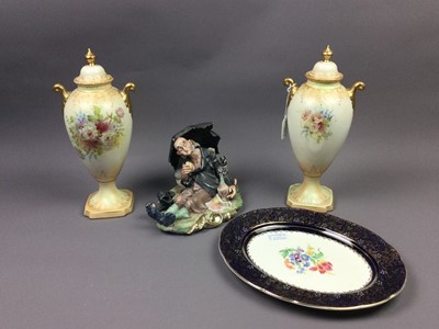 Lot 336 - A PAIR OF VASES, AN OVAL ASHET AND A FIGURE GROUP