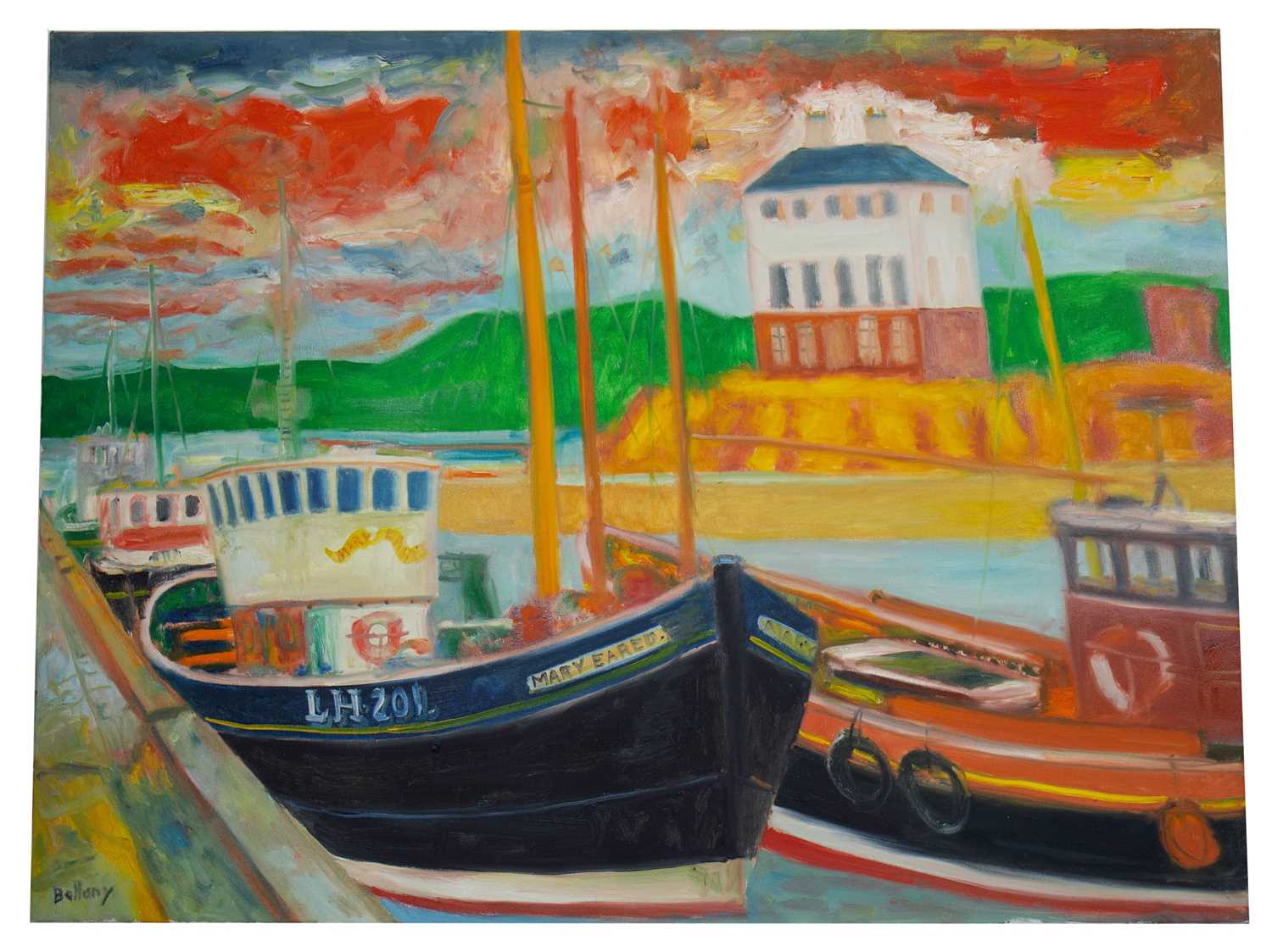 Lot 654 - THE MARY EARED AT HARBOUR, AN OIL BY JOHN BELLANY