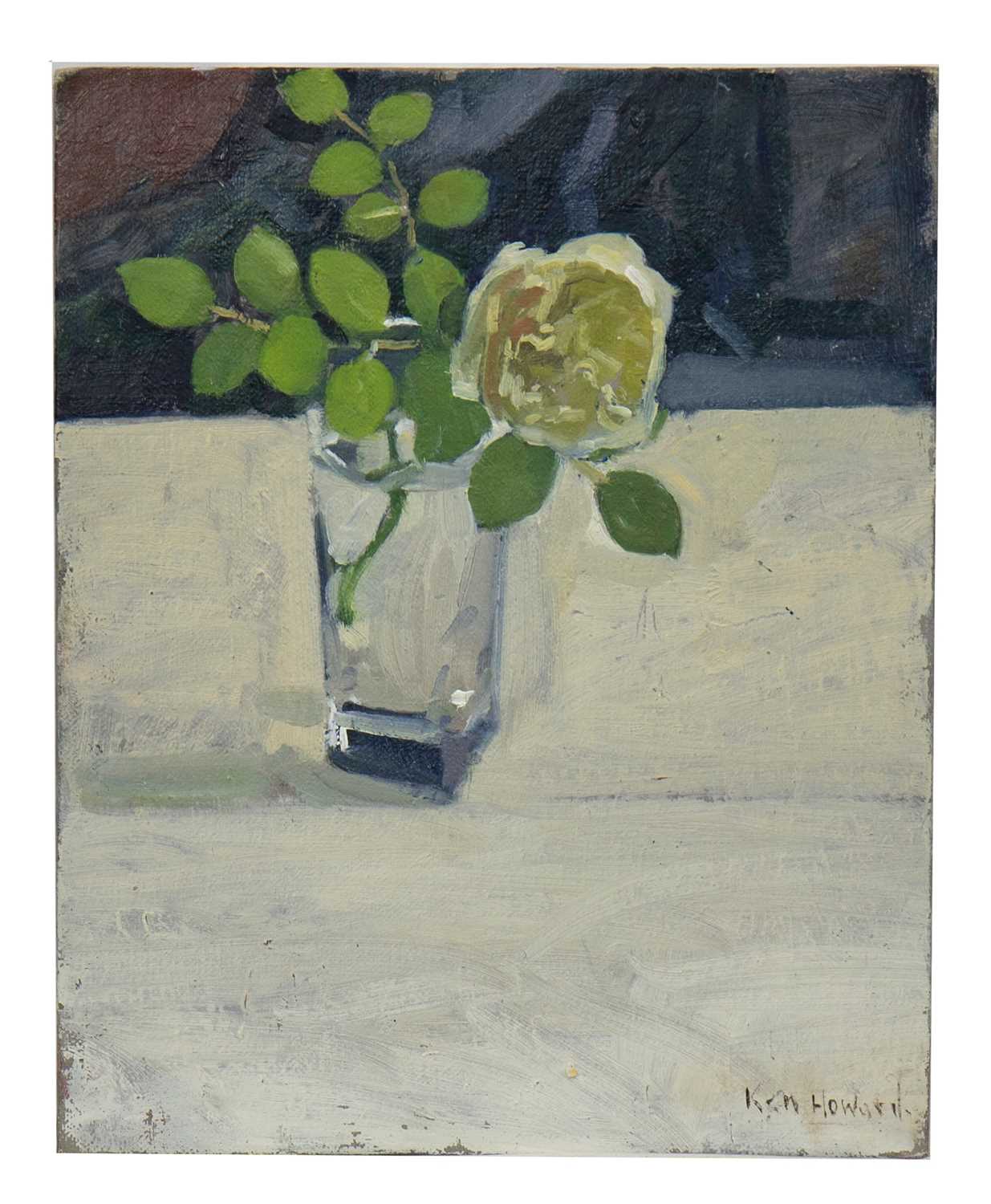 Lot 668 - STILL LIFE OF A ROSE IN A GLASS, AN OIL BY KEN HOWARD