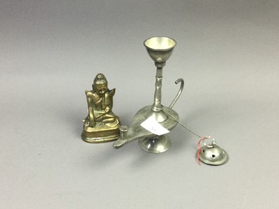 Lot 263 - AN EASTERN WHITE METAL LAMP AND A BRONZE FIGURE