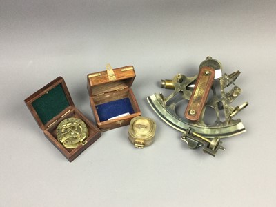 Lot 264 - A NAVAL STYLE SEXTANT, A STANLEY COMPASS AND ANOTHER