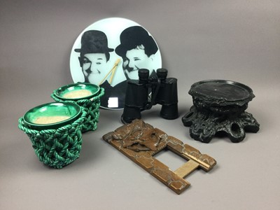 Lot 269 - A PAIR OF CASASUS GREEN GLAZED PLANTERS, BINOCULARS AND OTHER ITEMS