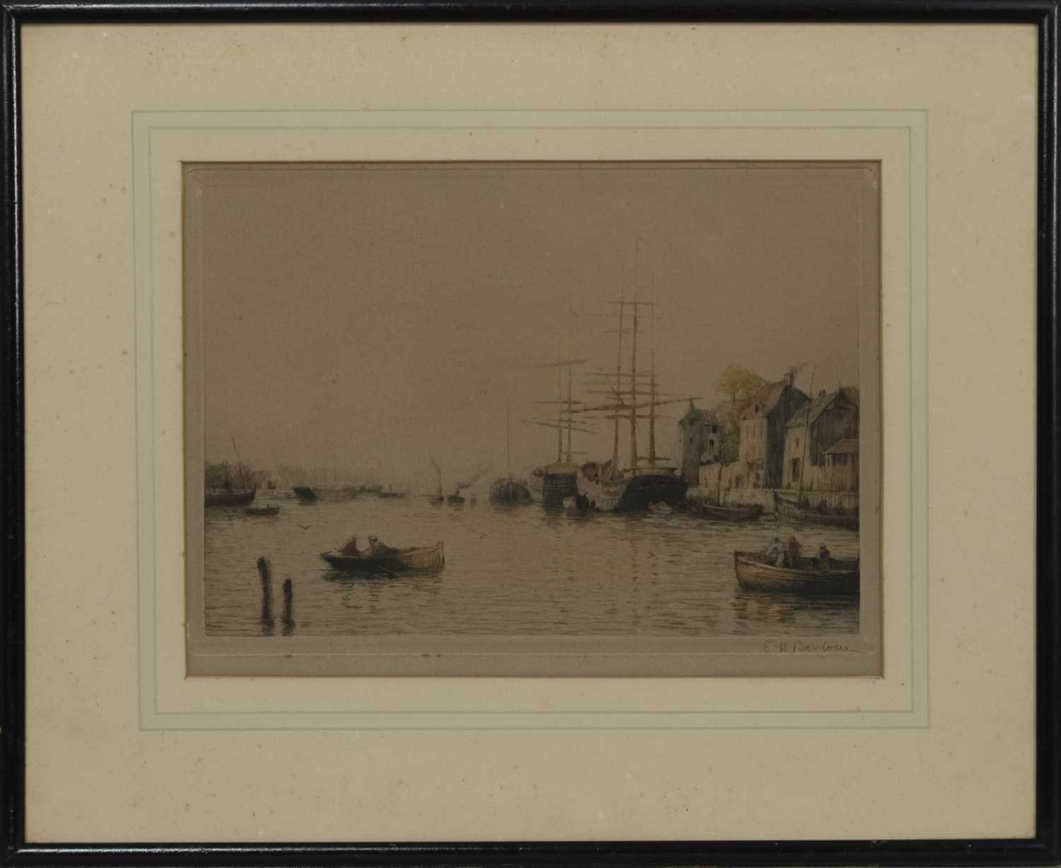 Lot 509 - BOATS AT THE DOCK, AN ETCHING BY E H BARLOW