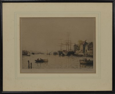 Lot 509 - BOATS AT THE DOCK, AN ETCHING BY E H BARLOW