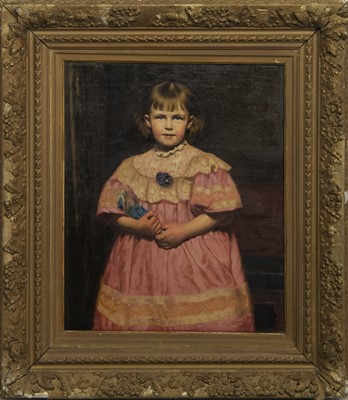 Lot 132 - THE BLUE DOLL, AN OIL BY REGINALD WILLOUGHBY MACHELL