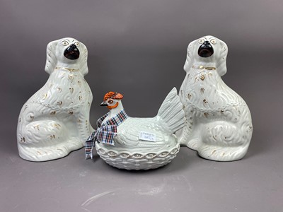 Lot 385 - A PAIR OF 20TH CENTURY STAFFORDHSIRE WALLY DOGS AND A CERAMIC HEN