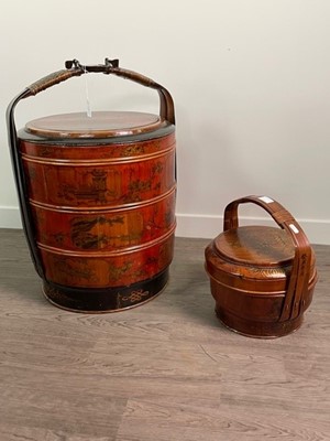 Lot 331 - A CHINESE LACQUERED CYLINDRICAL PICNIC BOX AND A SMALLER ONE