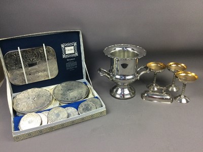 Lot 332 - A SILVER PLATED TWIN HANDLED WINE COOLER AND OTHER SILVER PLATED ITEMS