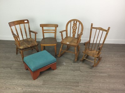 Lot 344 - A CHILD'S OAK ARMCHAIR WITH THREE OTHER CHAIRS AND A FOOTSTOOL